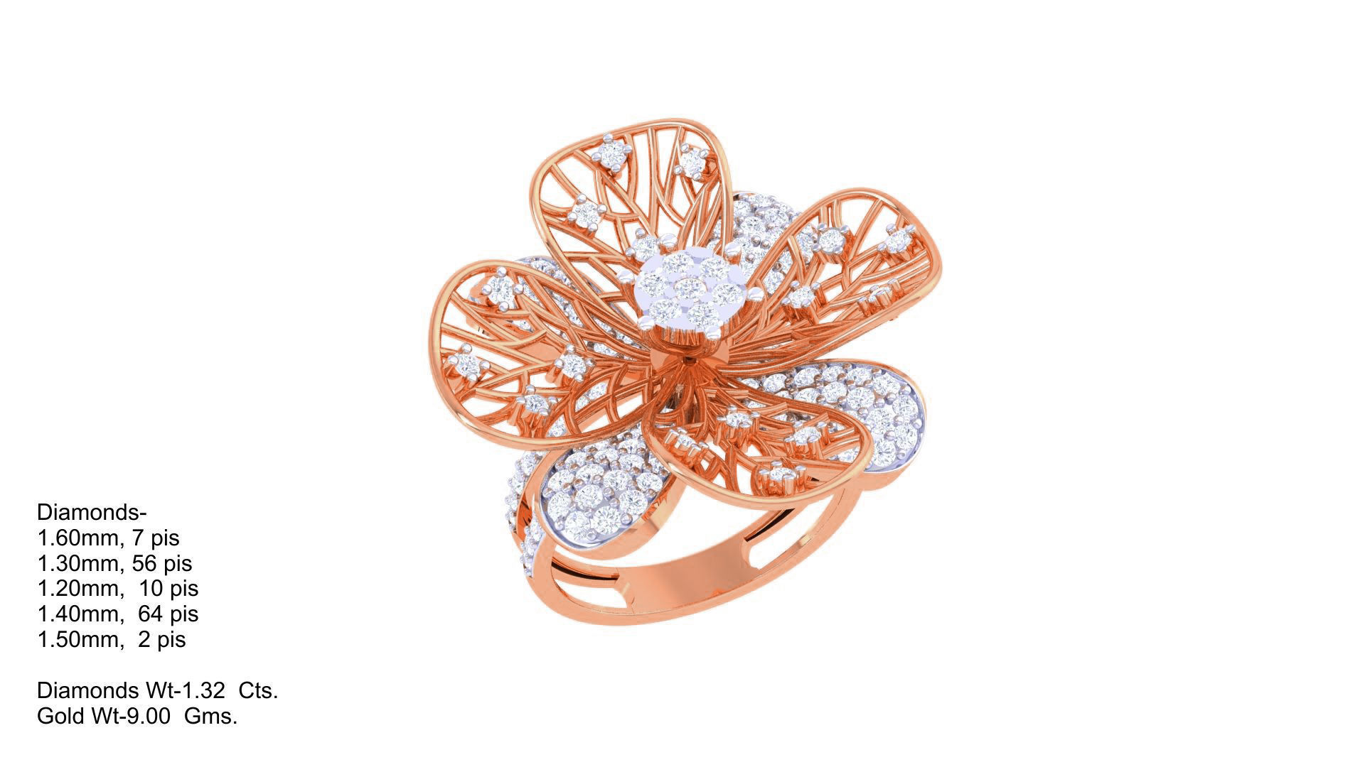 Wire Mesh Flower High Jewelry Diamond Cocktail Ring 3dm stl obj 3D print model_3