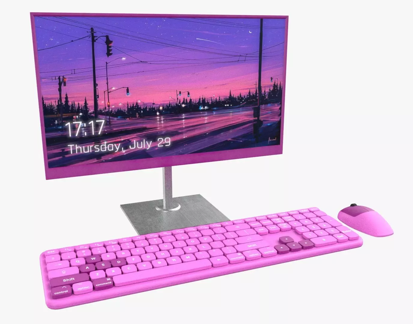 Wireles Computer Set Keyboard Mouse Monitor Baby Pink Version 3D model