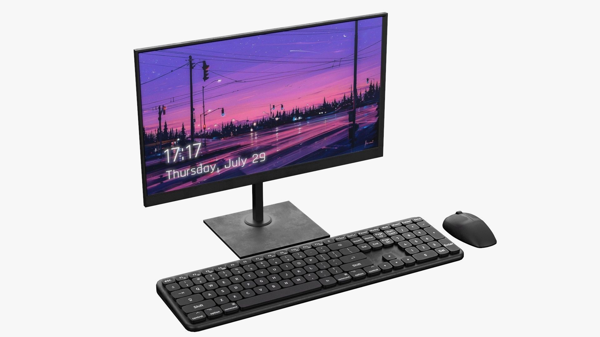 Wireles Computer Set Keyboard Mouse Monitor Black Version 3D model_1