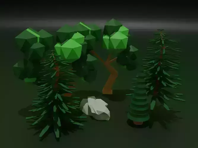 Low-poly trees and rock