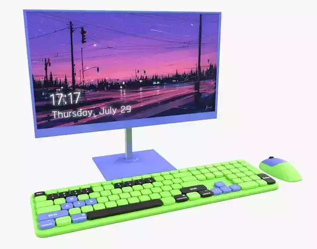 Wireles Computer Set Keyboard Mouse Monitor Green-Purple Version
