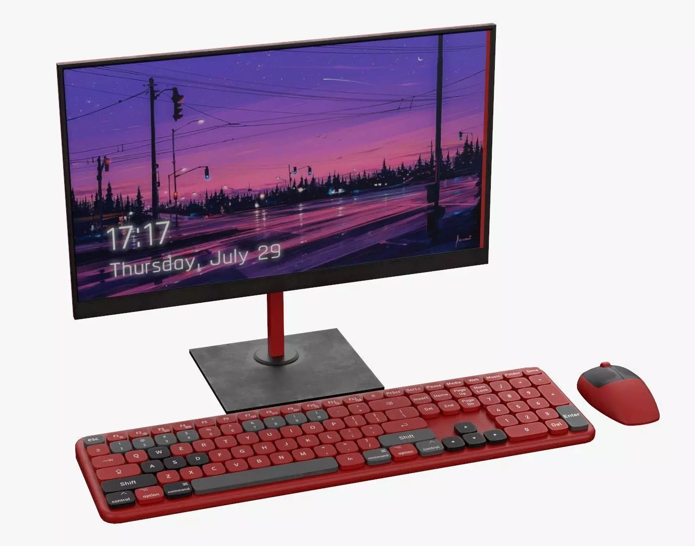 Wireles Computer Set Keyboard Mouse Monitor Berry Red Version 3D model