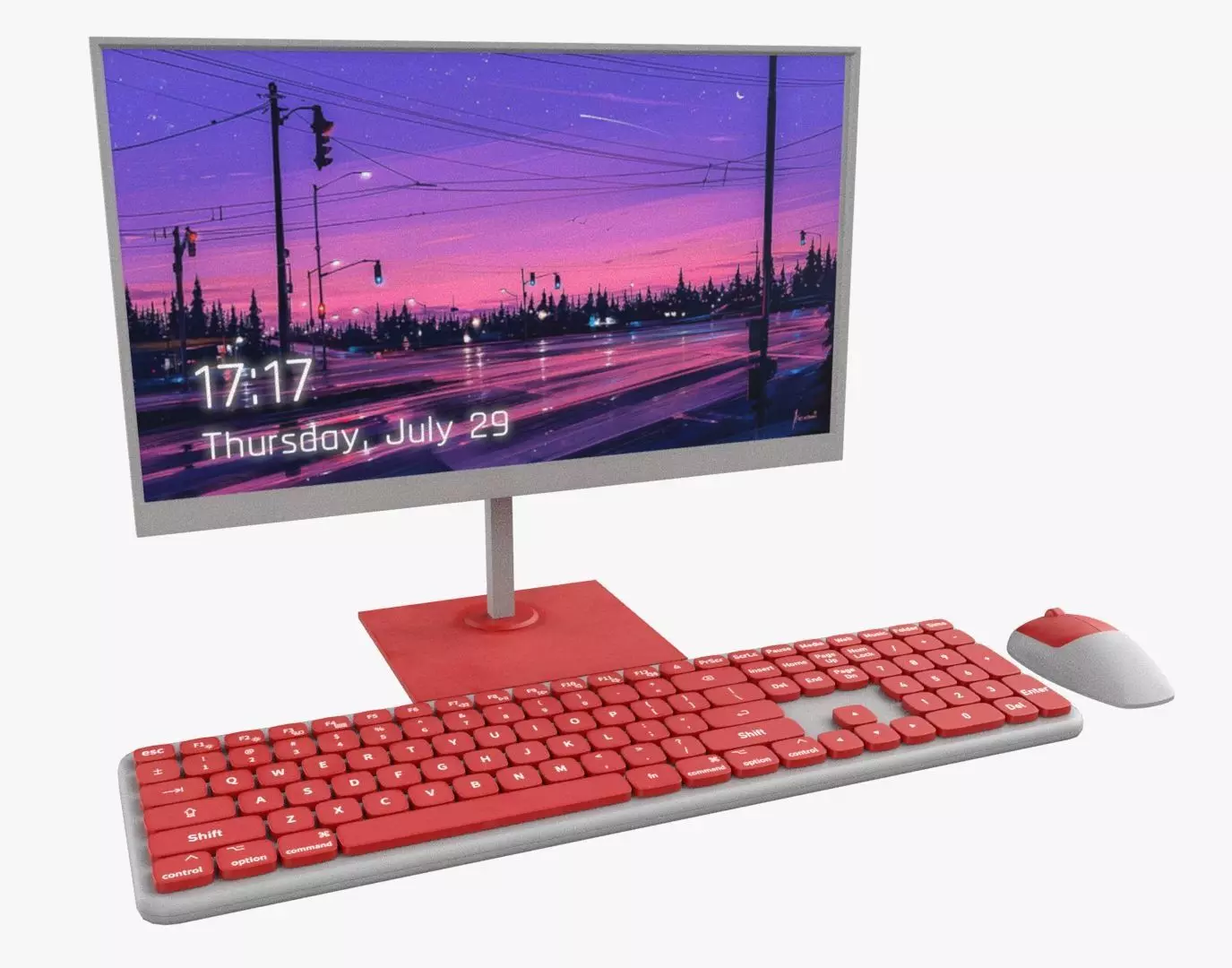 Wireles Computer Set Keyboard Mouse Monitor Red-White Version 3D model
