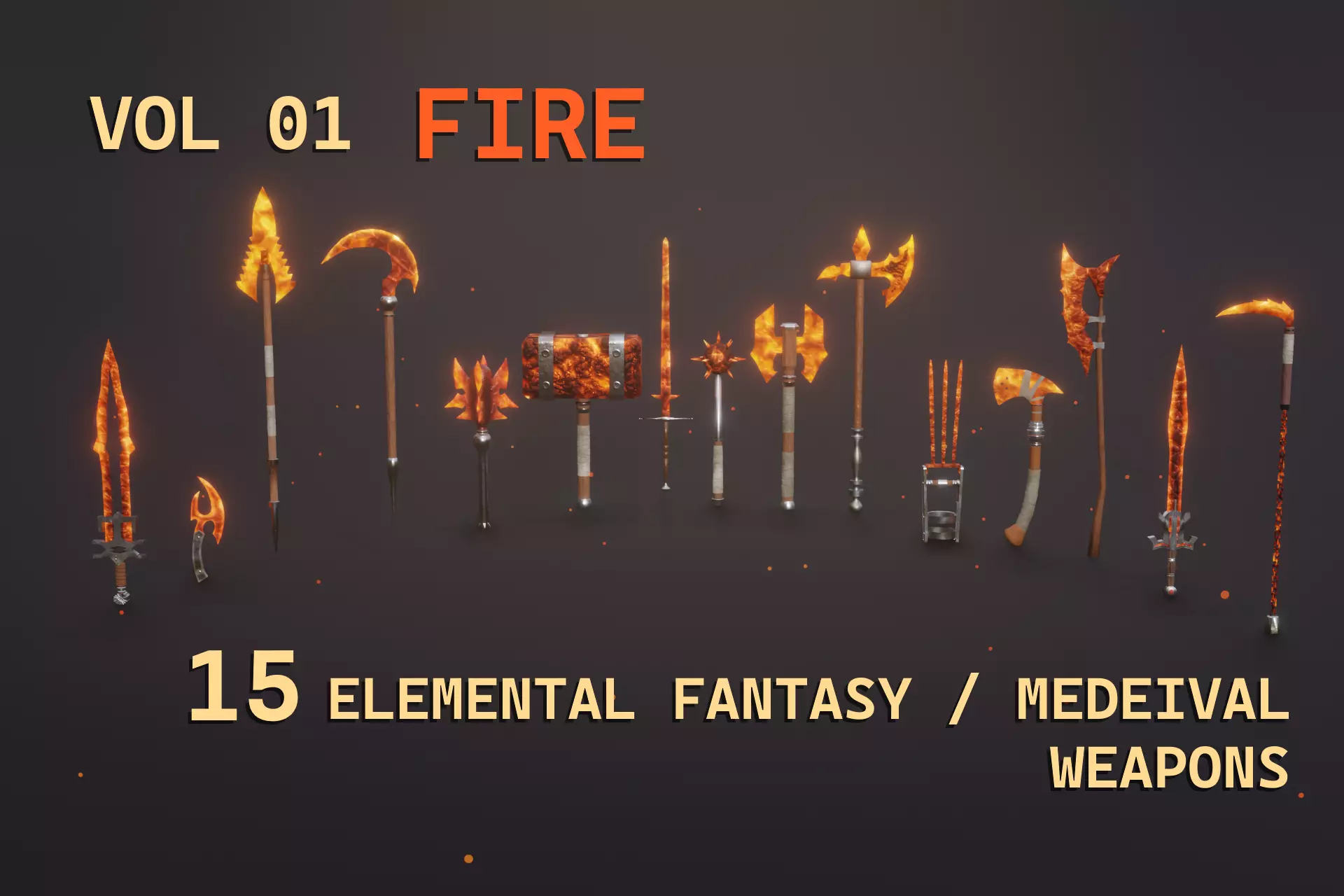 15 fire elemental weapons - medieval - fantasy - magic - VOL 01 Low-poly 3D model_0