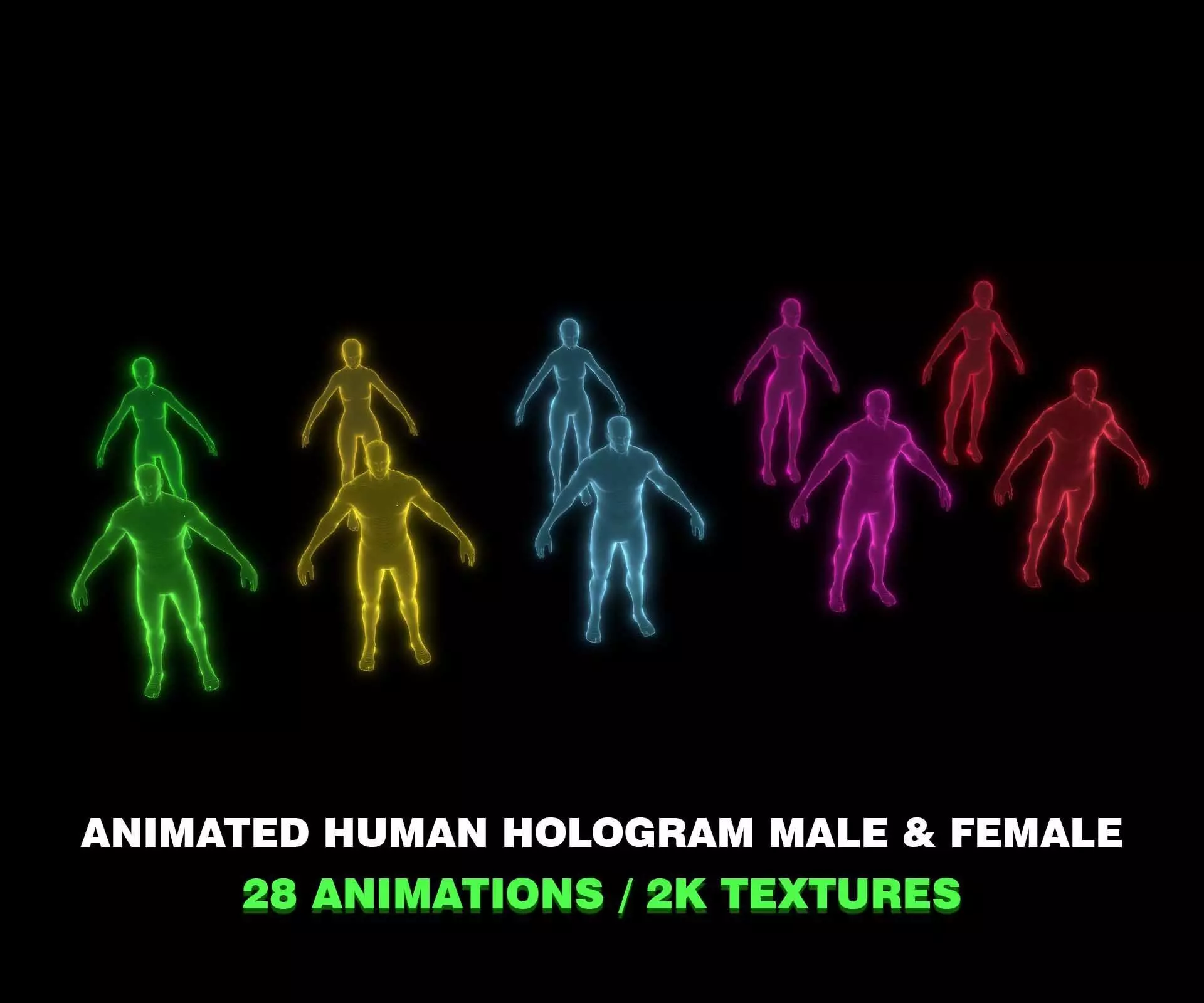 Animated Human Hologram Male and Female 3D Model 28 Animations Low-poly 3D model_0
