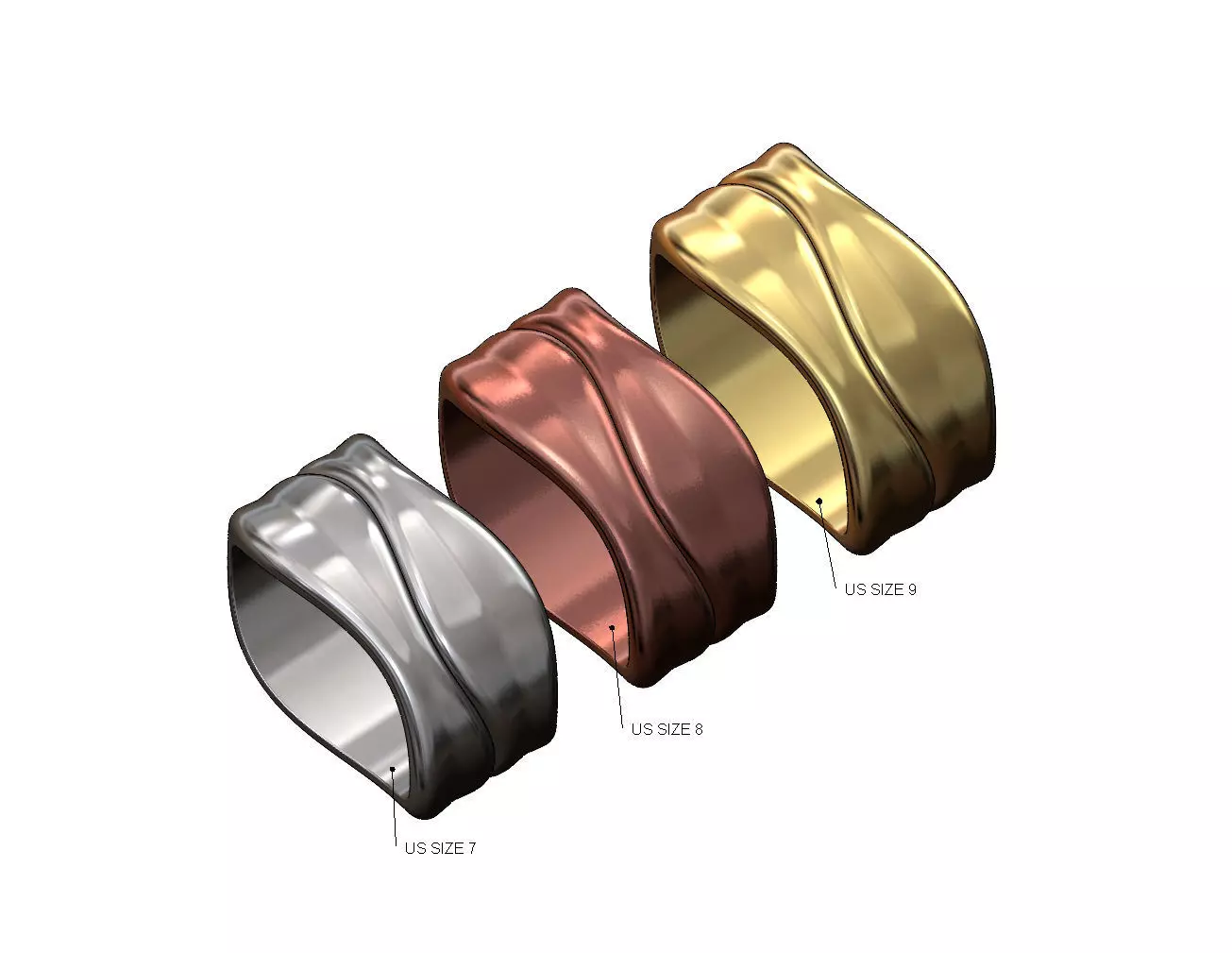 Wide curved split fashion band US sizes 7 8 9 3D print model