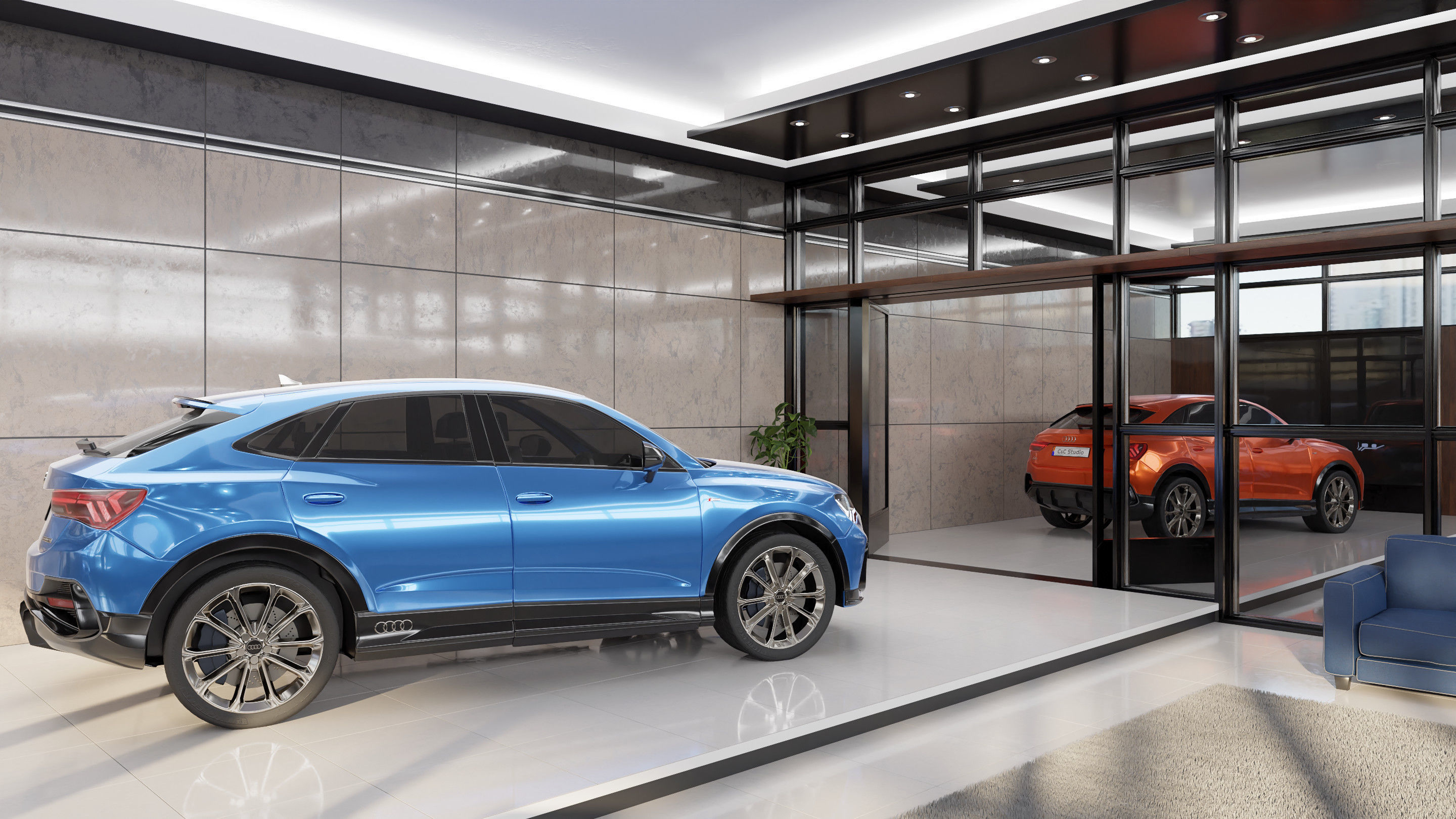 Audi Q3 Modern Showroom - Hipoly 3D Model - blender - fbx - obj 3D model_1