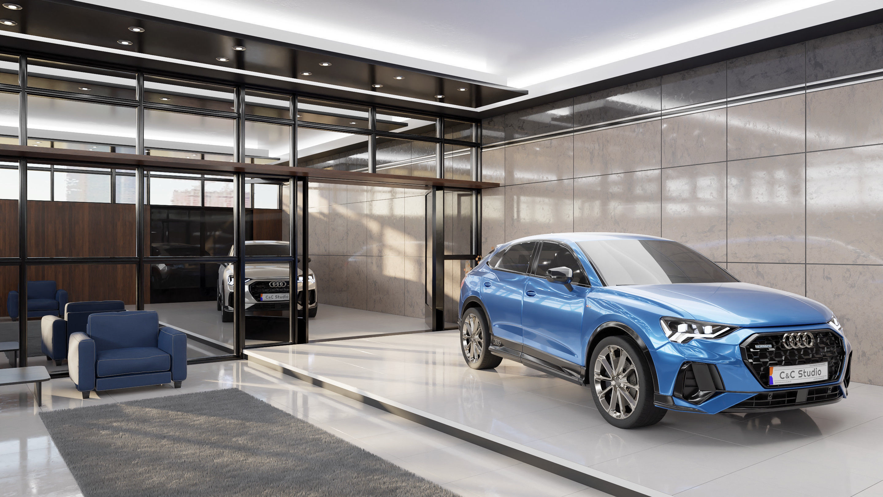 Audi Q3 Modern Showroom - Hipoly 3D Model - blender - fbx - obj 3D model_2