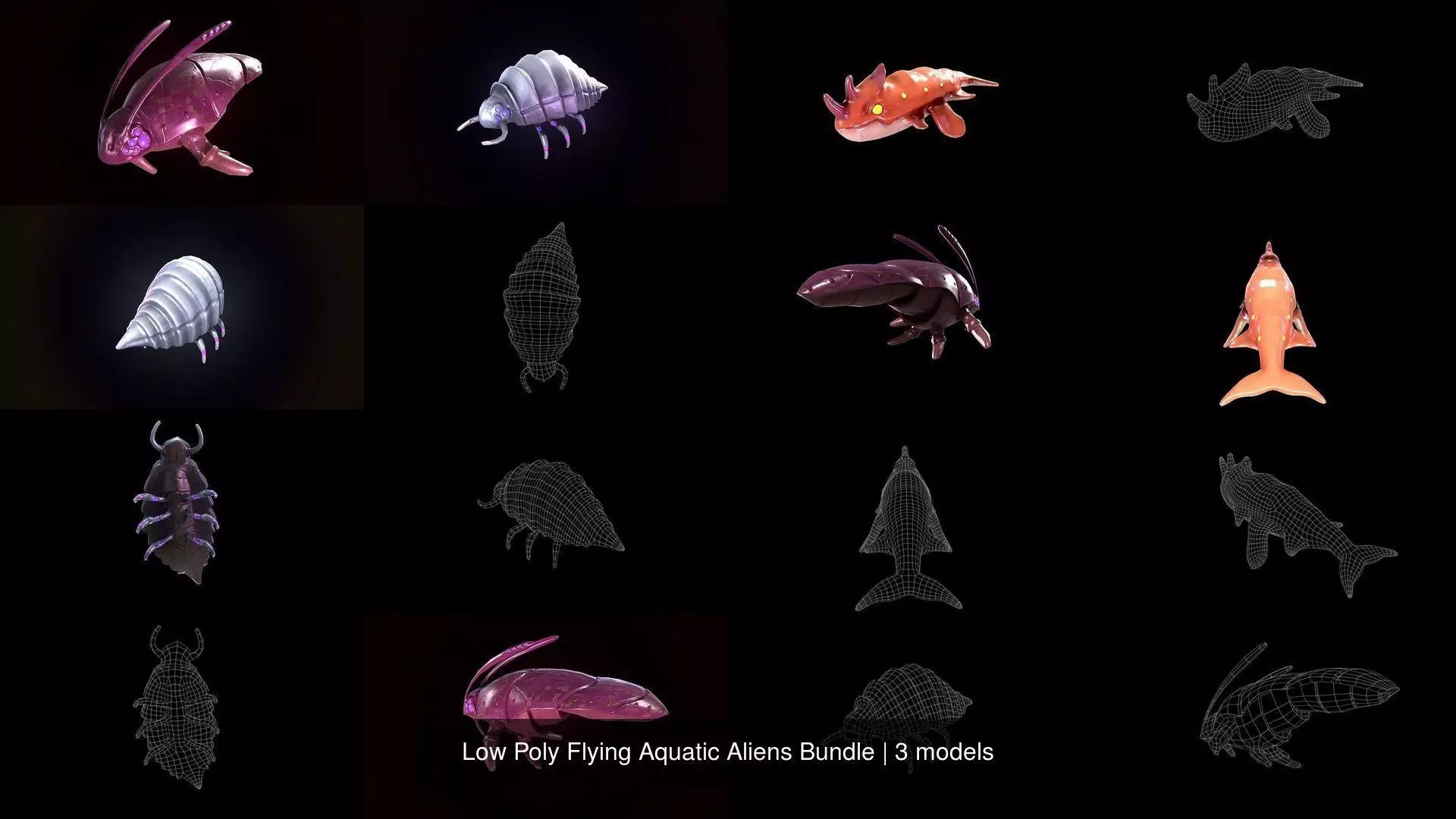 Low Poly Flying Aquatic Aliens Bundle 3D Model Collection_4