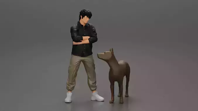 Asian gangster homie standing crossed hands with his dog 3D print model