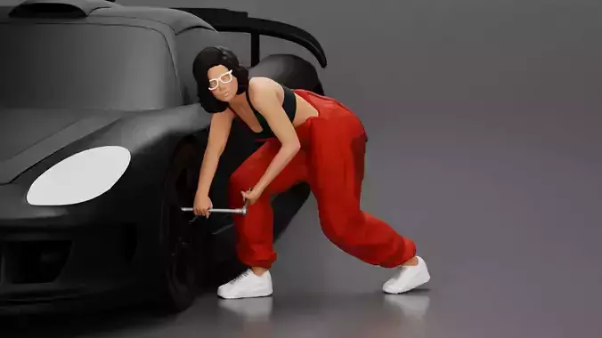 Girl mechanic in overalls removing the wheel car 3D print model