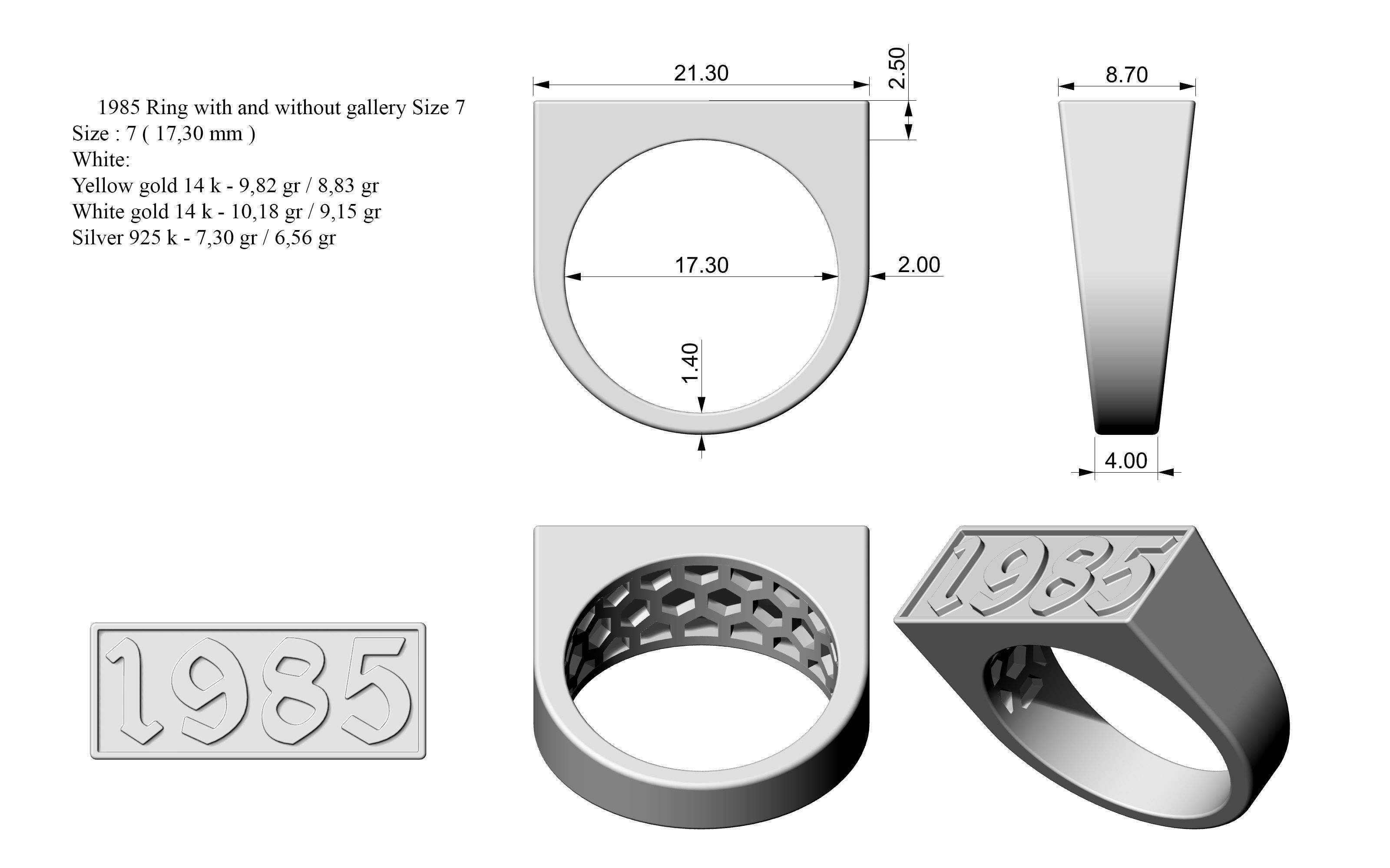 1985 Ring Set with and without gallery Size 5 - 9 US 3D print model_1