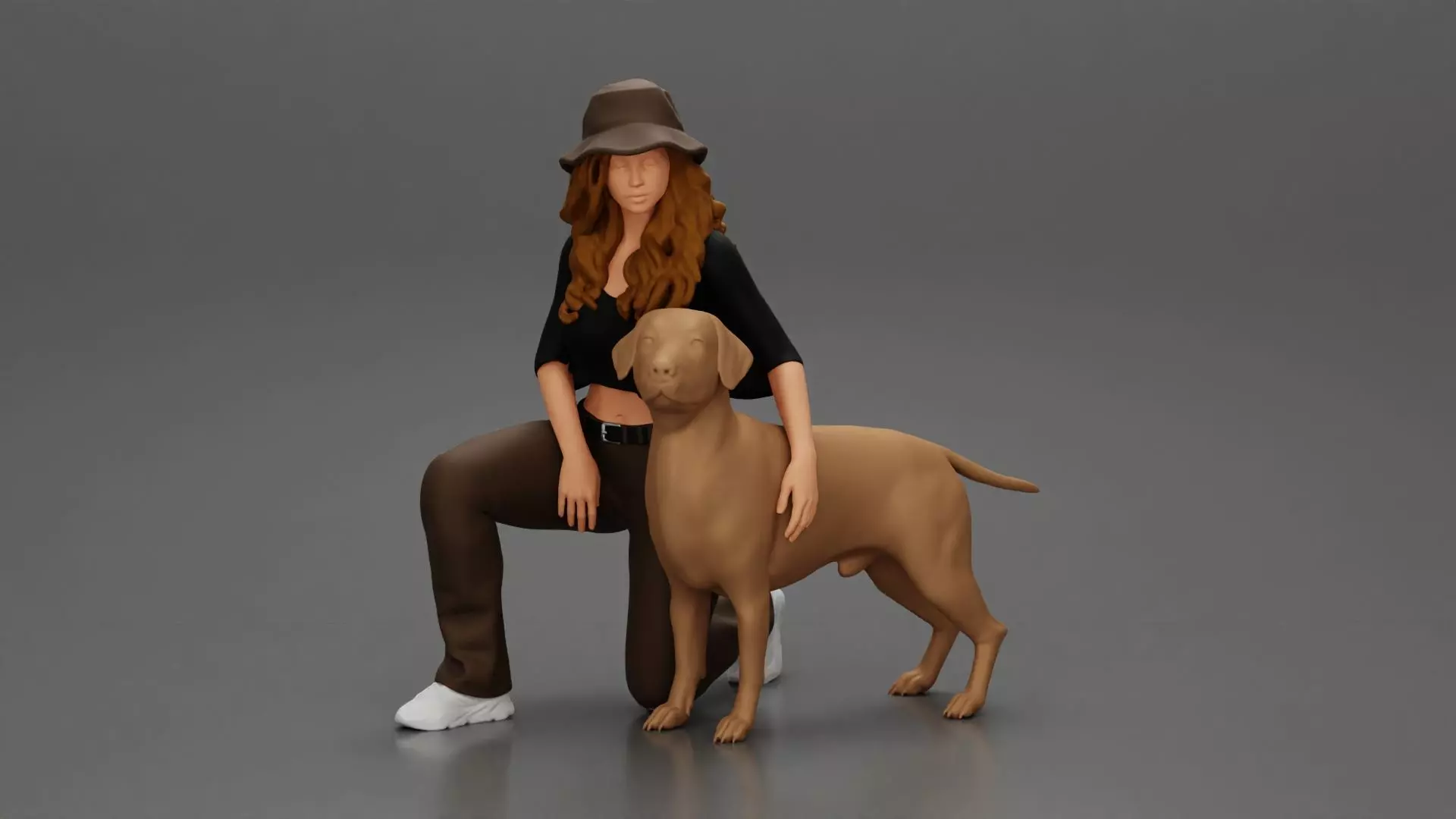 Chola Girl in hat sitting on knee hugging her dog - Separated 3D print model_0