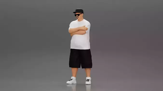 Fat Gangster in cap and sunglasses folding one s arms