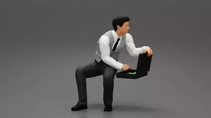 young businessman sitting and holding briefcase of money