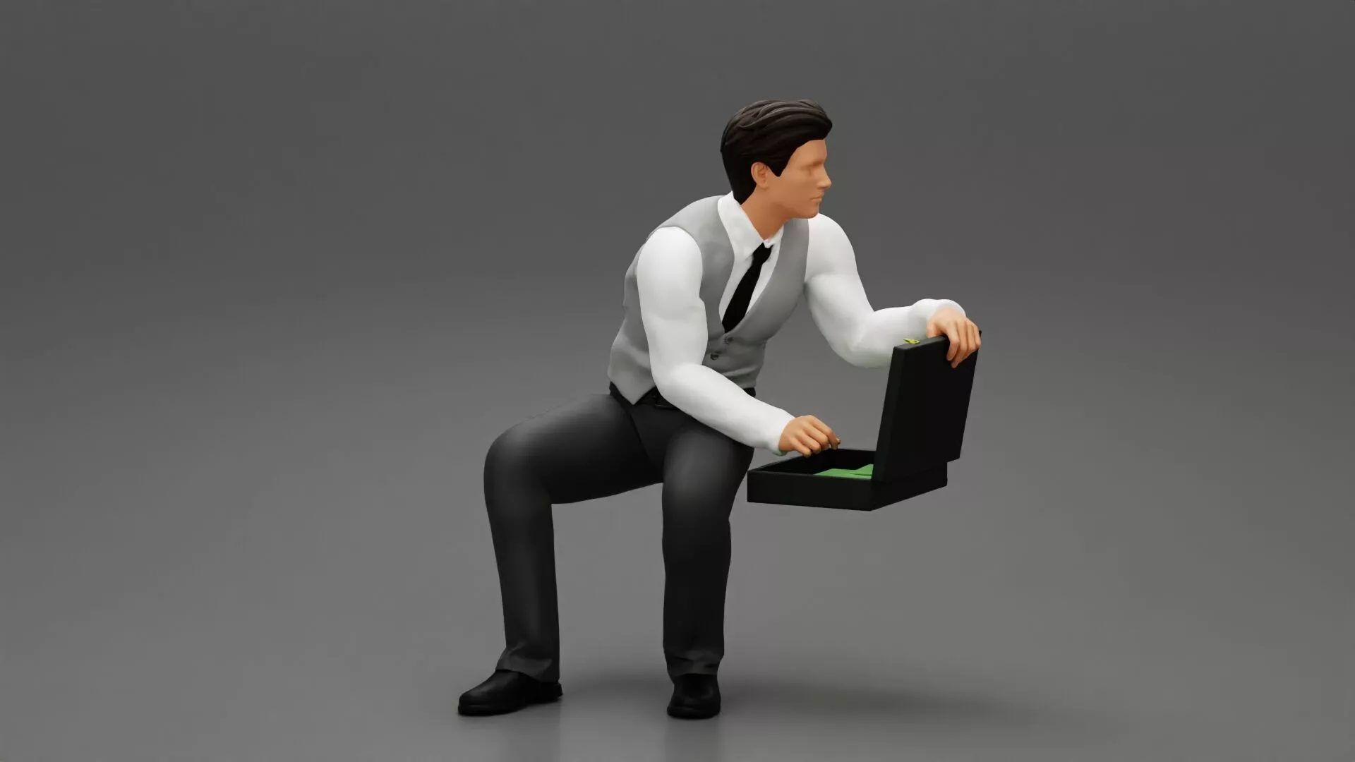 young businessman sitting and holding briefcase of money 3D print model