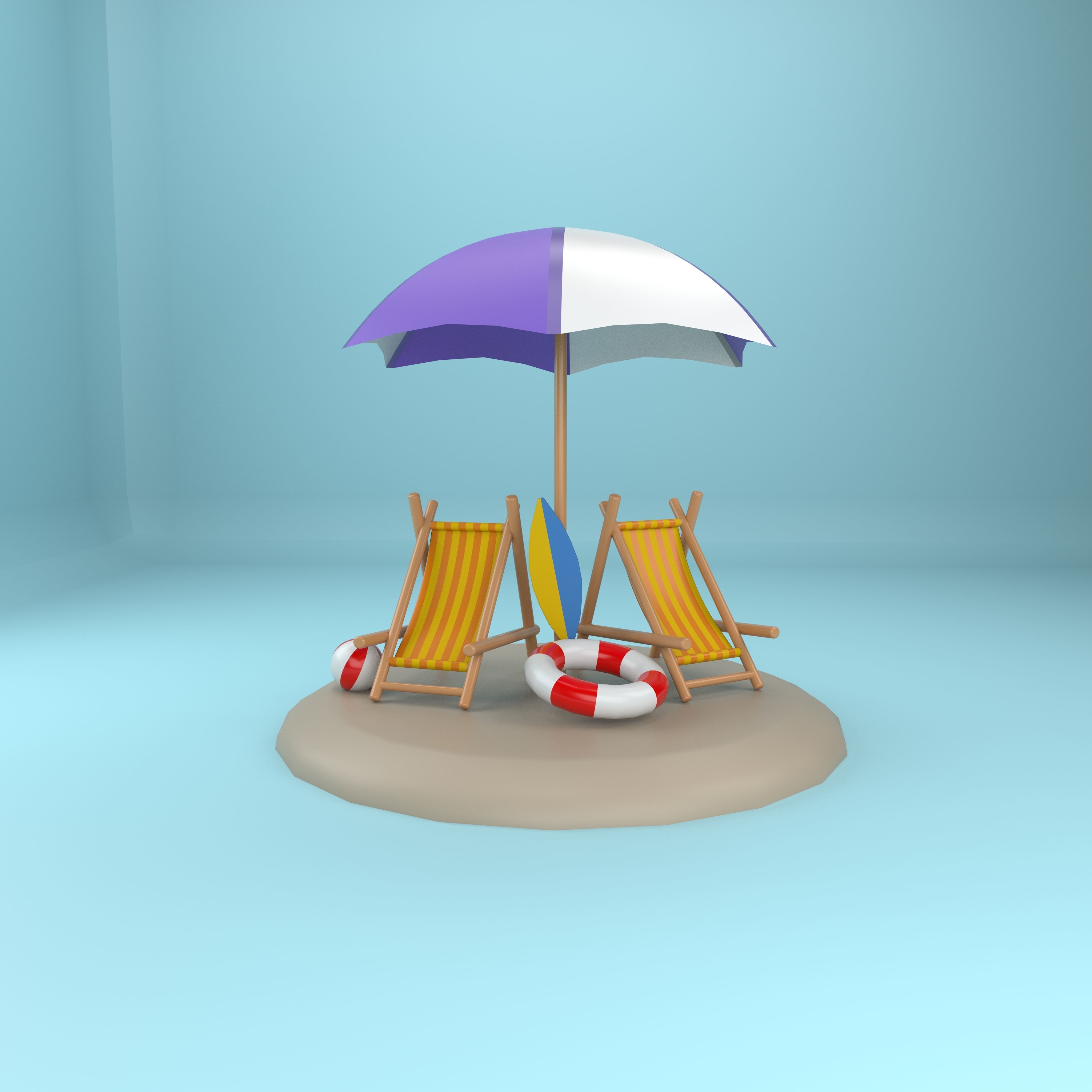 beach chair and umbrella Low-poly 3D model_3