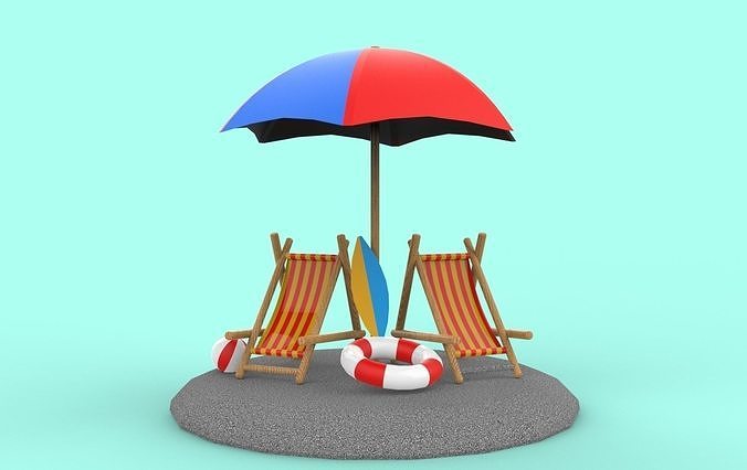 beach chair and umbrella Low-poly 3D model