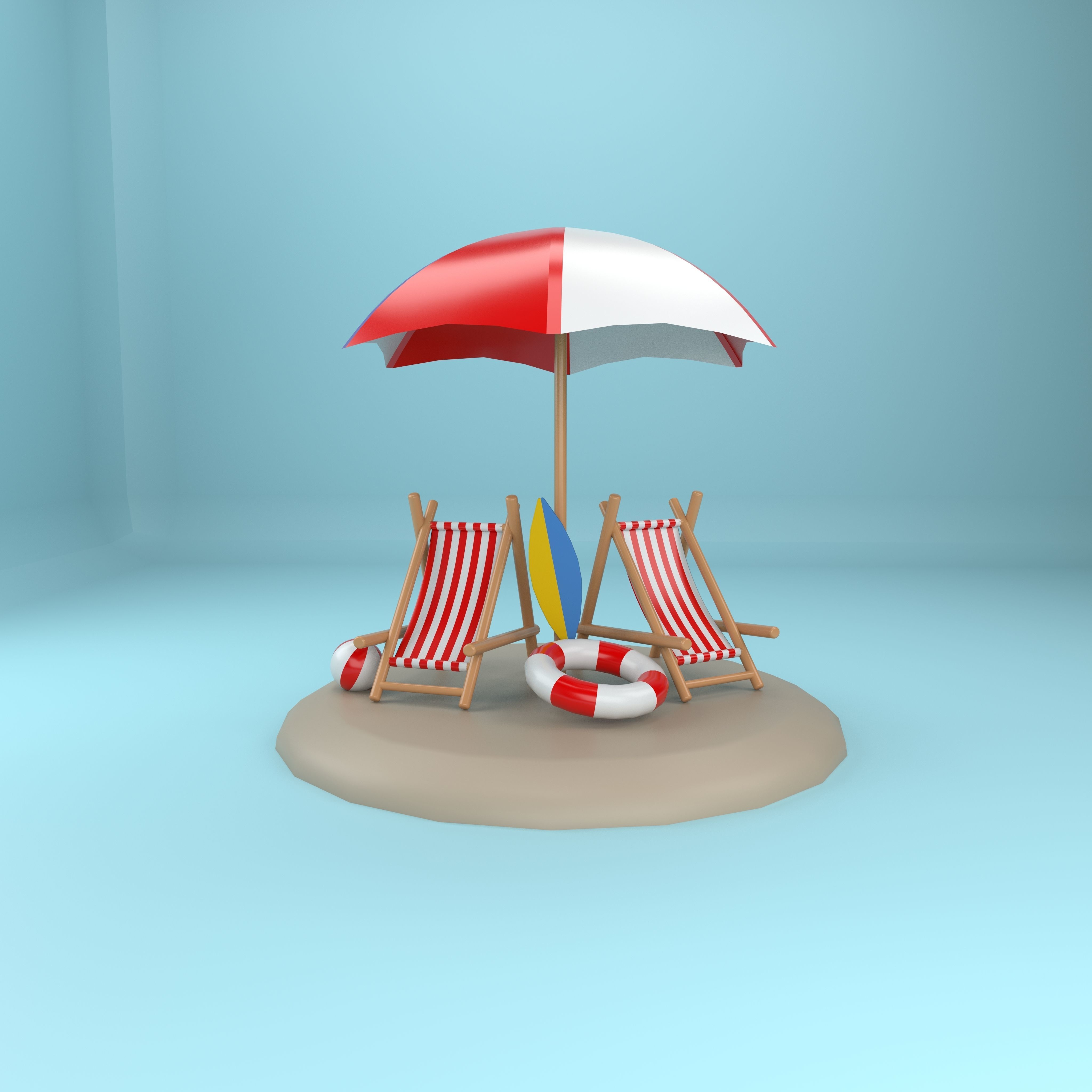 beach chair and umbrella Low-poly 3D model_1
