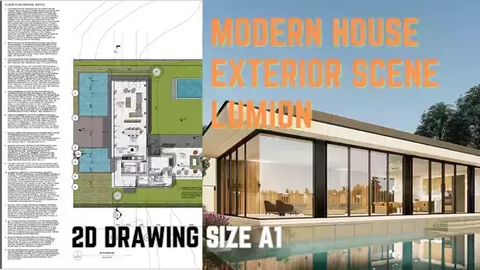 Modern House Exterior Scene with furniture - 2D drawing A1 size 3D model