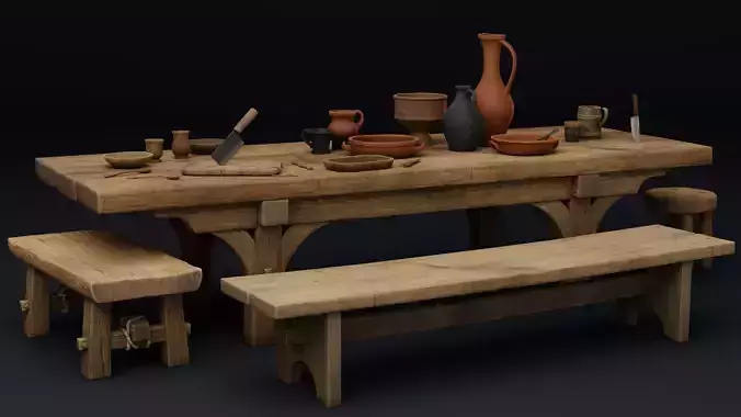 Medieval Fantasy Kitchen Tavern Props Assets pots bowls knives Low-poly 3D model