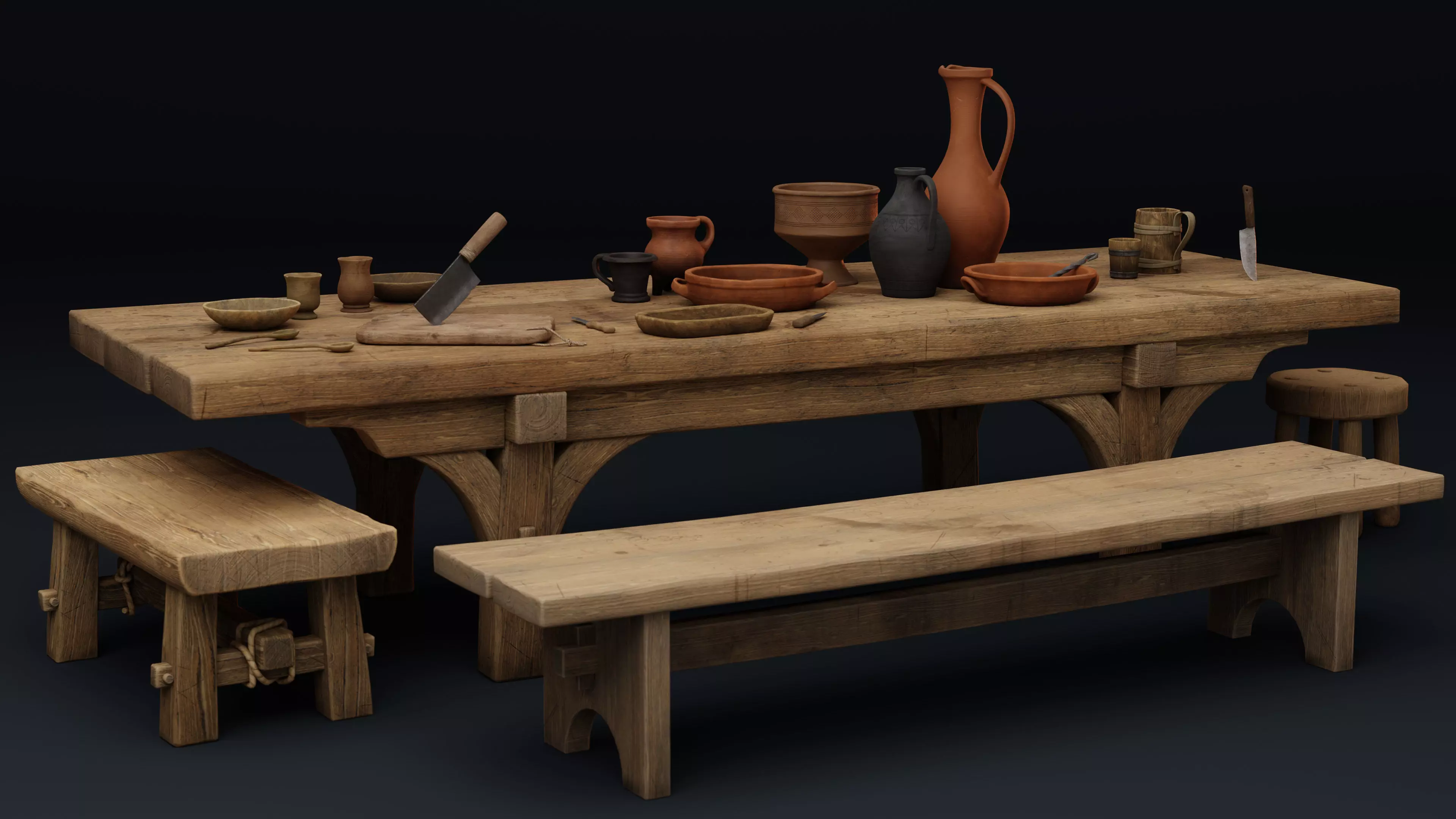Medieval Fantasy Kitchen Tavern Props Assets pots bowls knives Low-poly 3D model_0