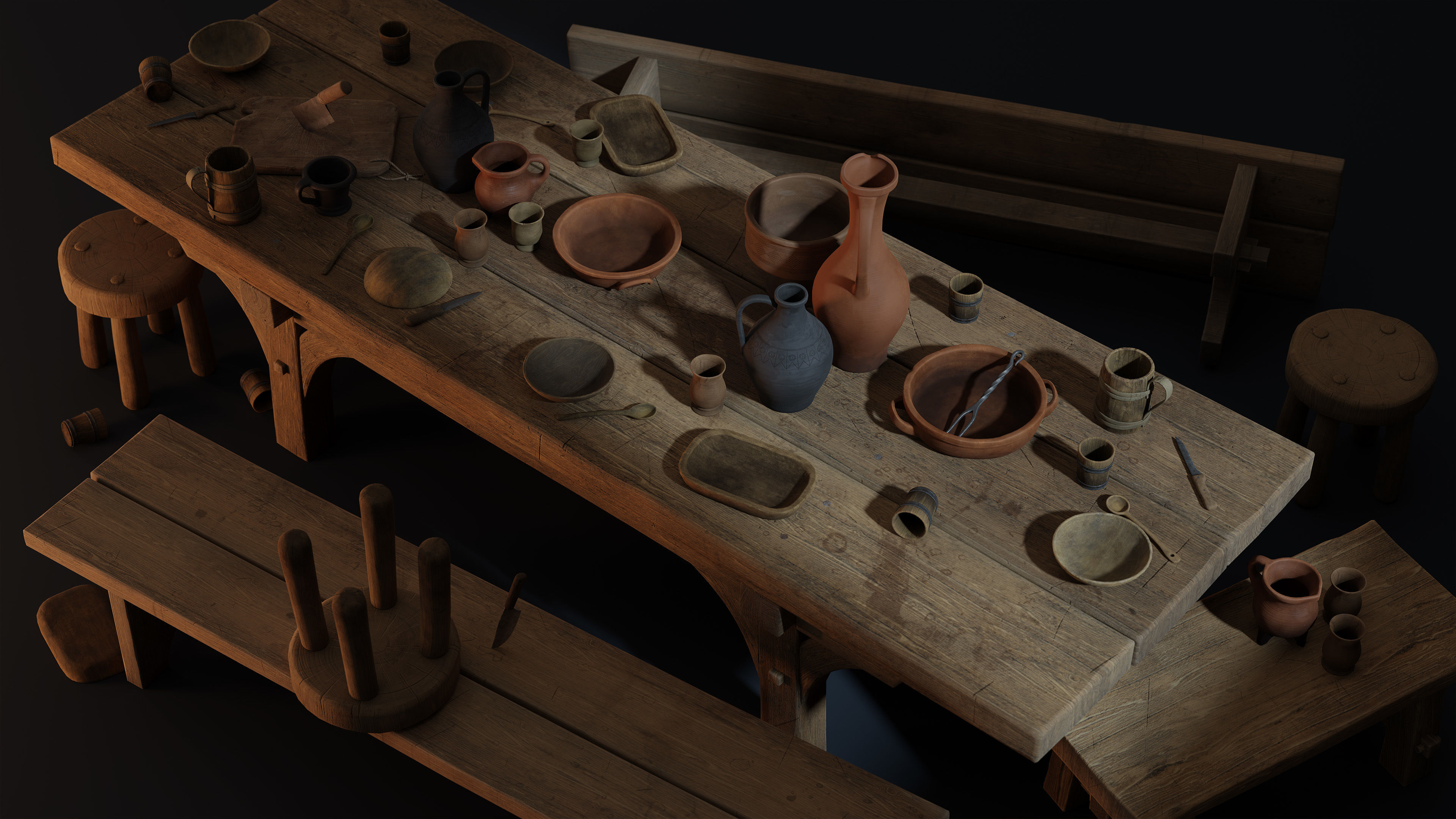 Medieval Fantasy Kitchen Tavern Props Assets pots bowls knives Low-poly 3D model_1