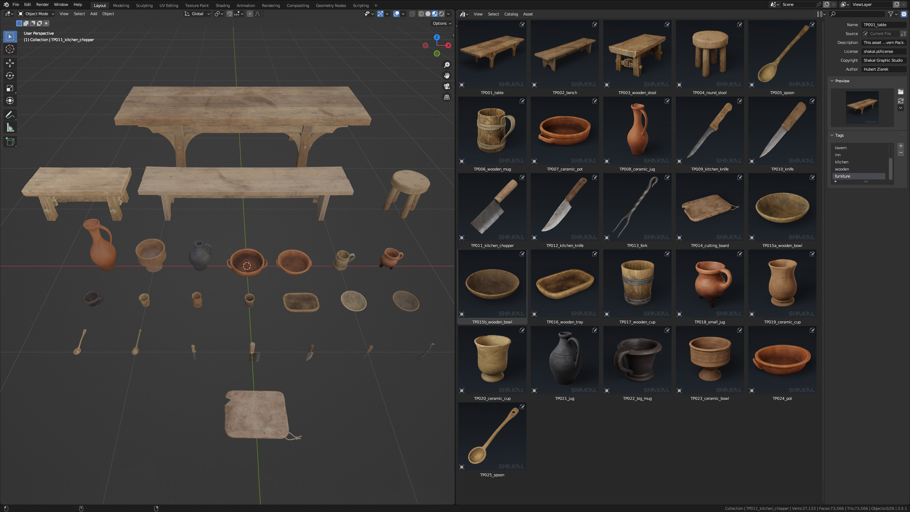 Medieval Fantasy Kitchen Tavern Props Assets pots bowls knives Low-poly 3D model_2