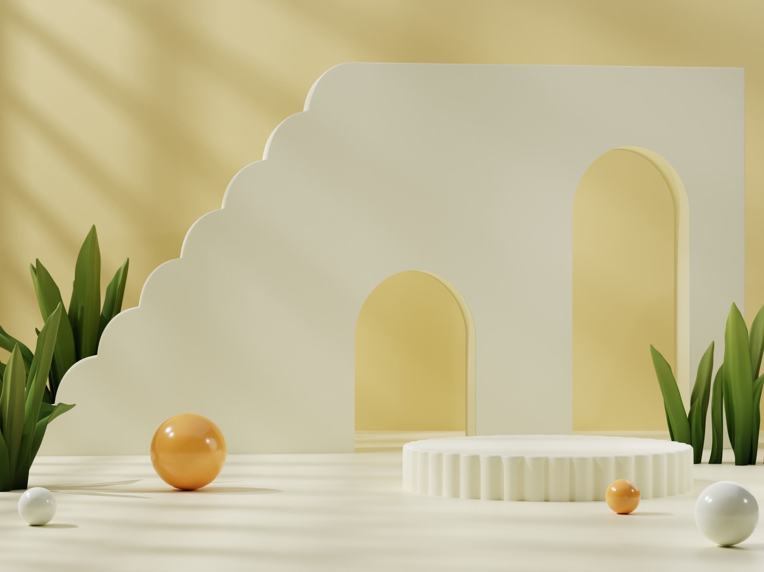  Double Arch Wave  Mockup light yellow ceramic podium  3D model_1