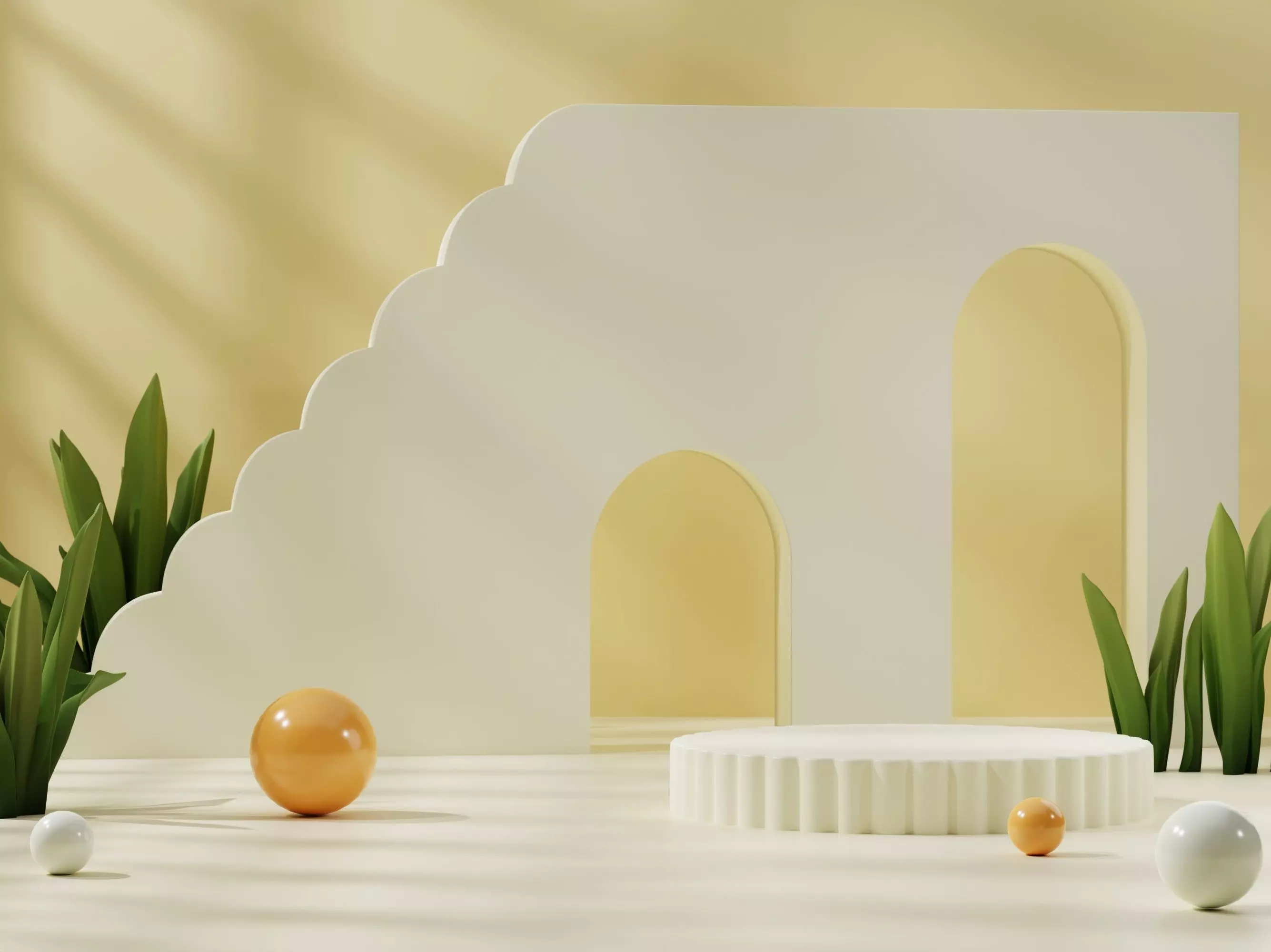  Double Arch Wave  Mockup light yellow ceramic podium  3D model_0