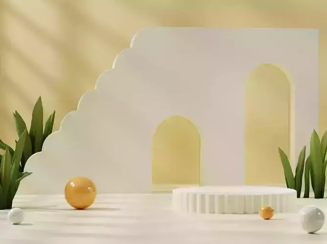  Double Arch Wave  Mockup light yellow ceramic podium 