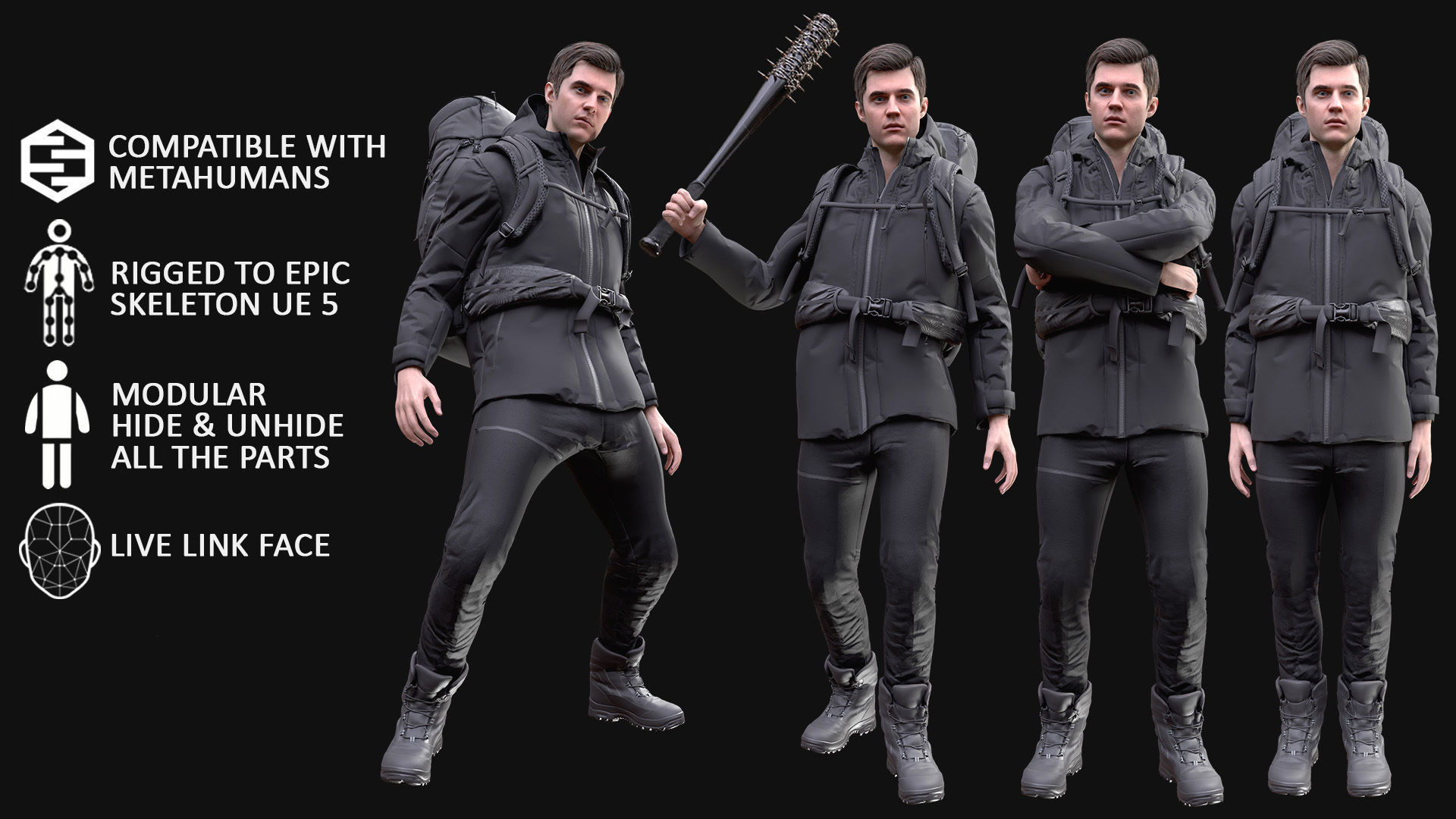 Man Backpacker - Modular - Rigged Low-poly 3D model_3