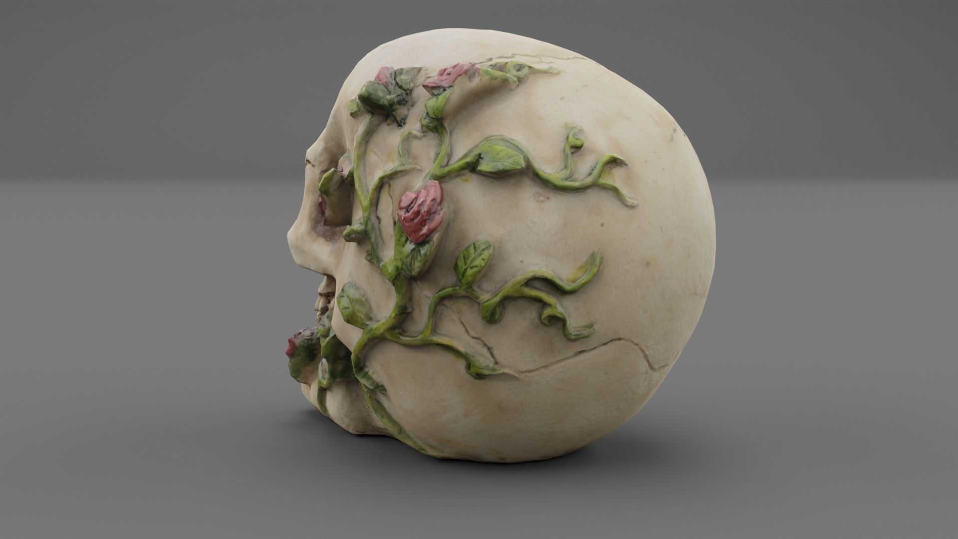 Skull with roses Low-poly 3D model_7