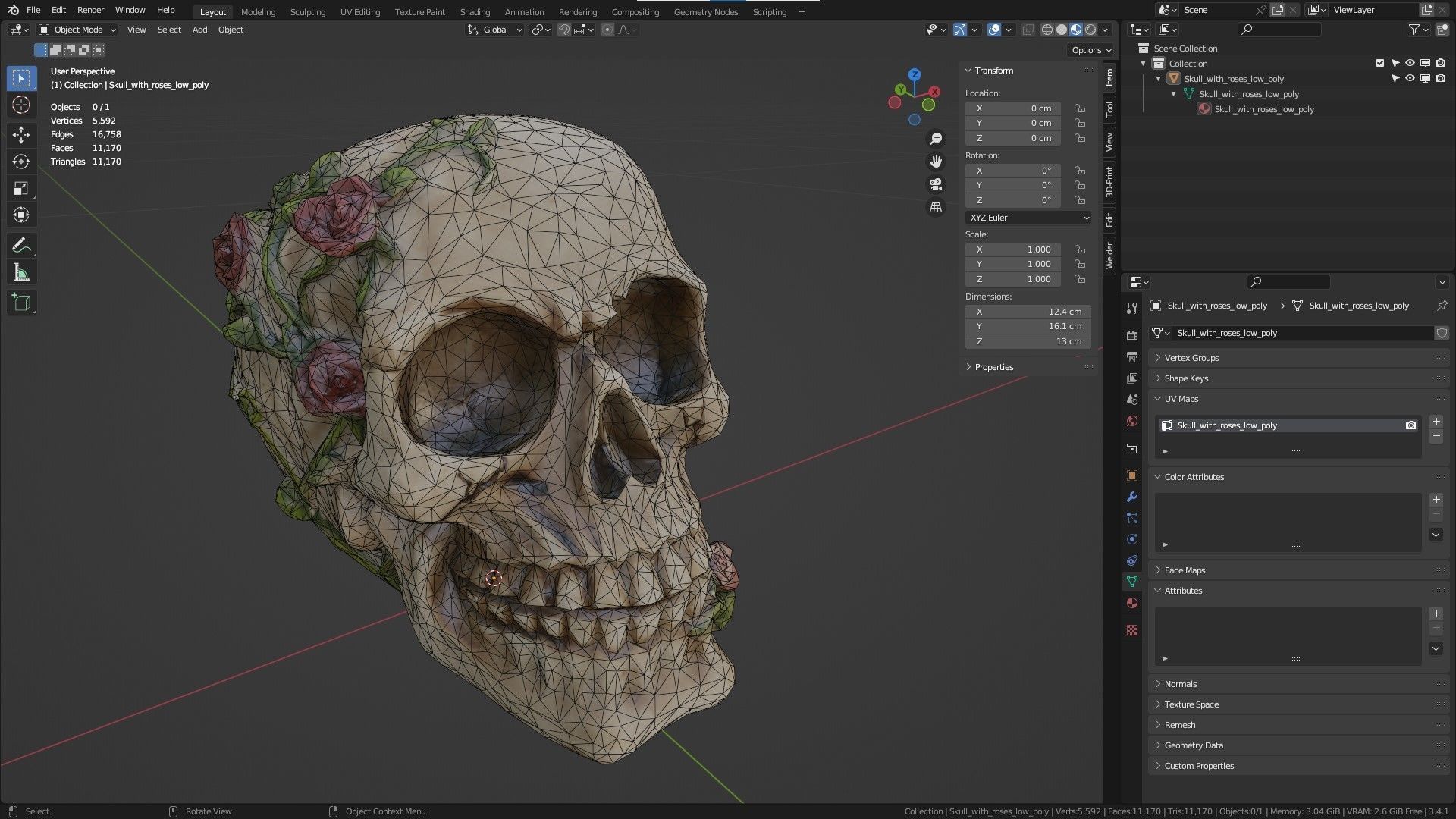 Skull with roses Low-poly 3D model_22