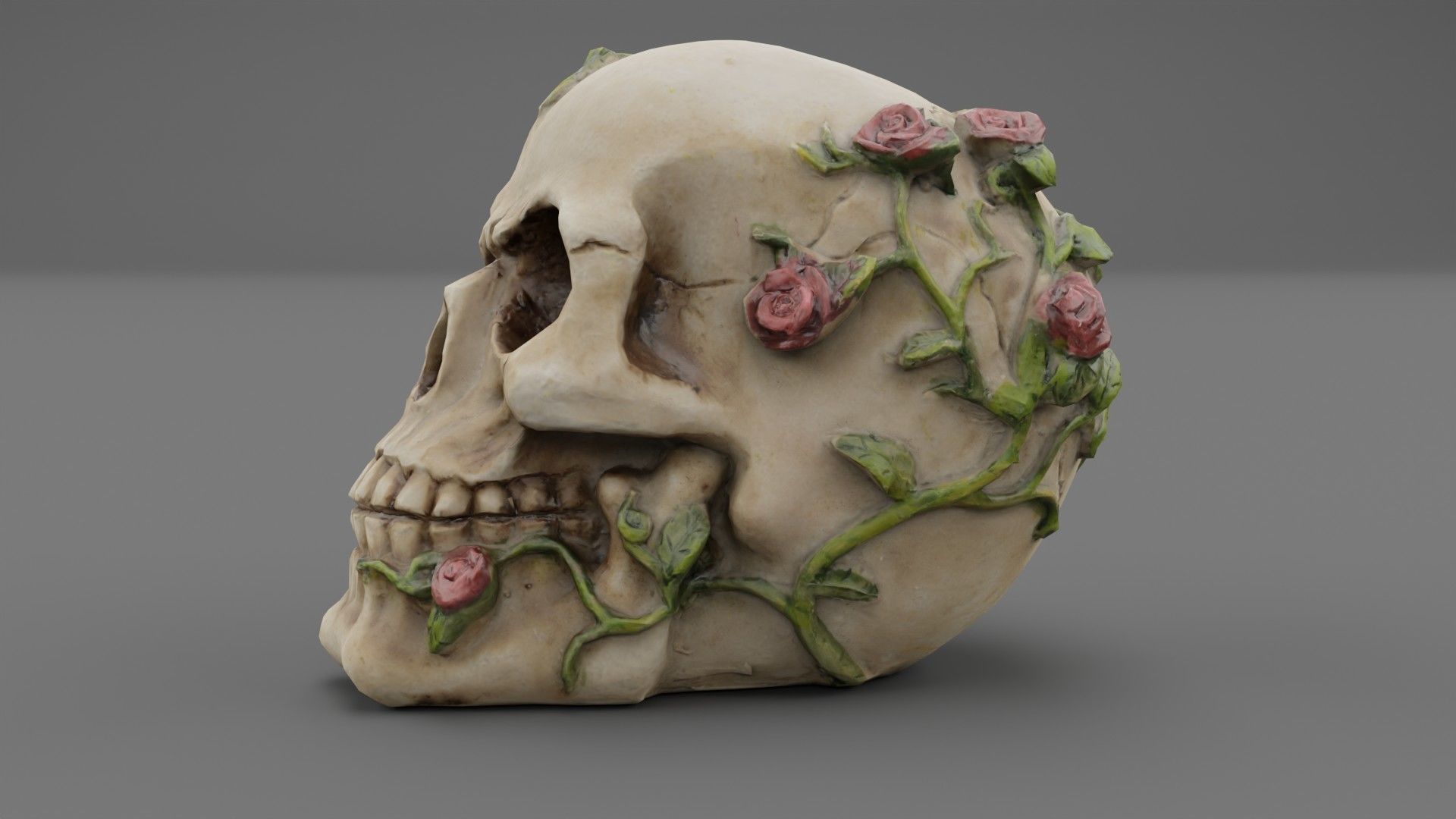 Skull with roses Low-poly 3D model_9