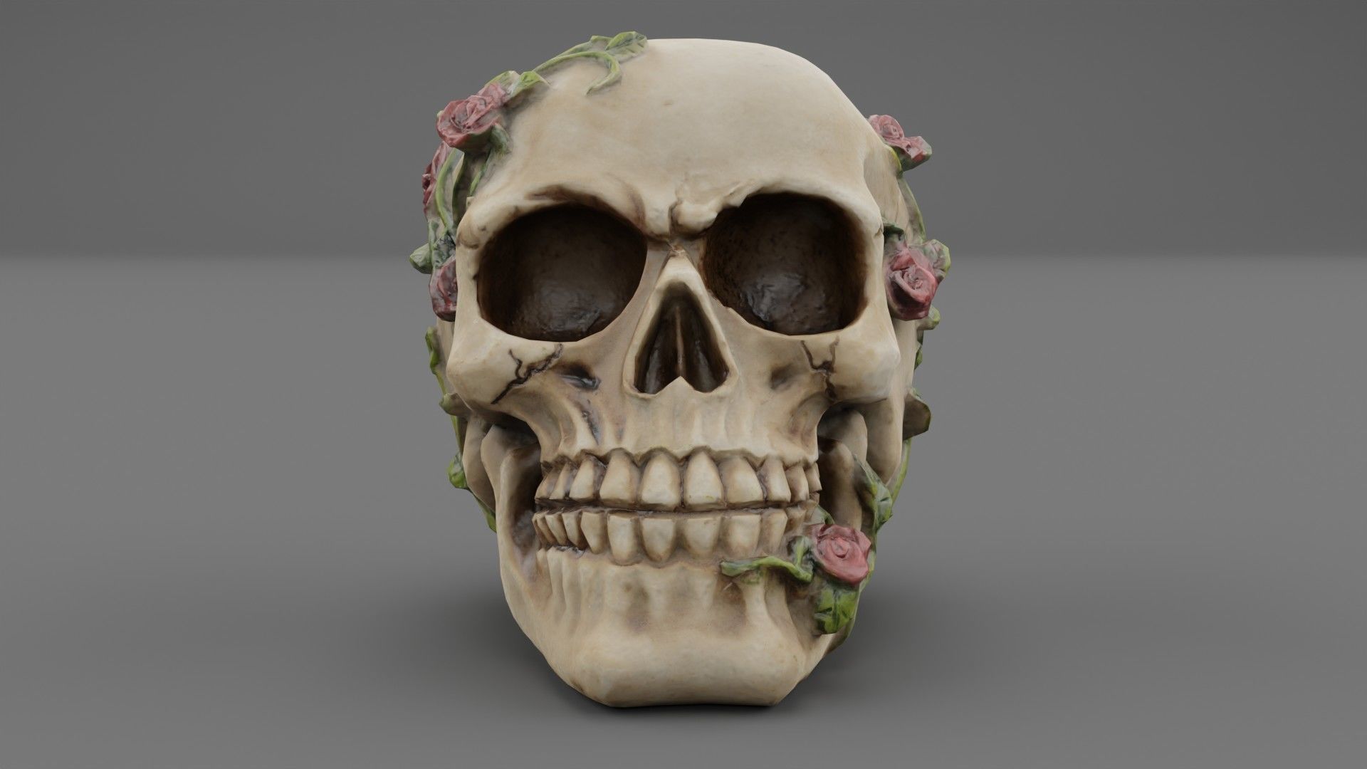 Skull with roses Low-poly 3D model_2