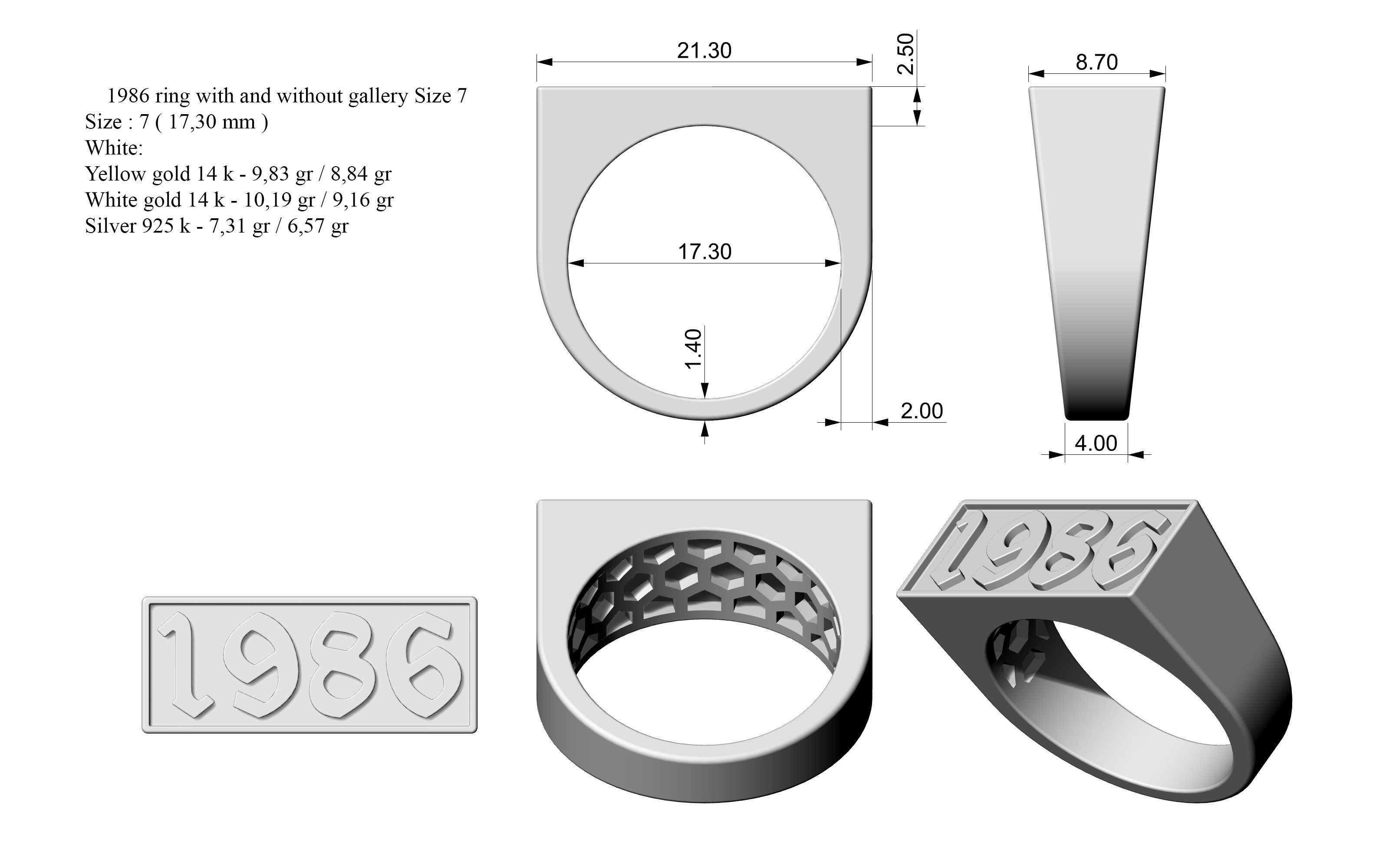 1986 Ring Set with and without gallery Size 5 - 9 US 3D print model_1