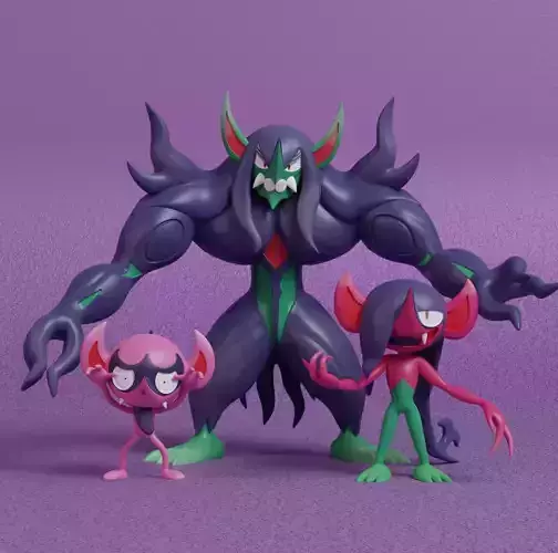 Pokemon - Impidimp Morgrem and Grimmsnarl with 2 poses 3D print model