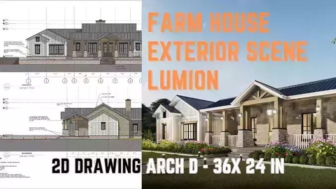 Farm House Exterior Scene - 2D drawing Arch D - 36x 24 inch 3D model