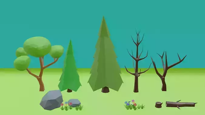 Low Poly Cartoon Trees Grass Plants and Stone