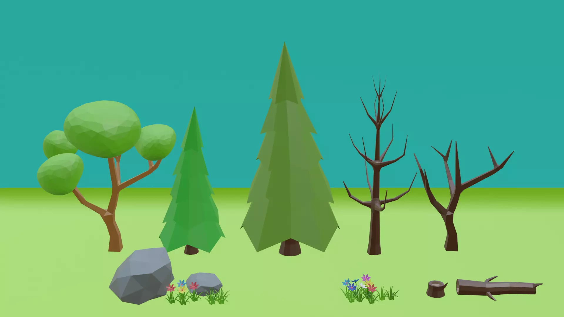 Low Poly Cartoon Trees Grass Plants and Stone Free low-poly 3D model_0