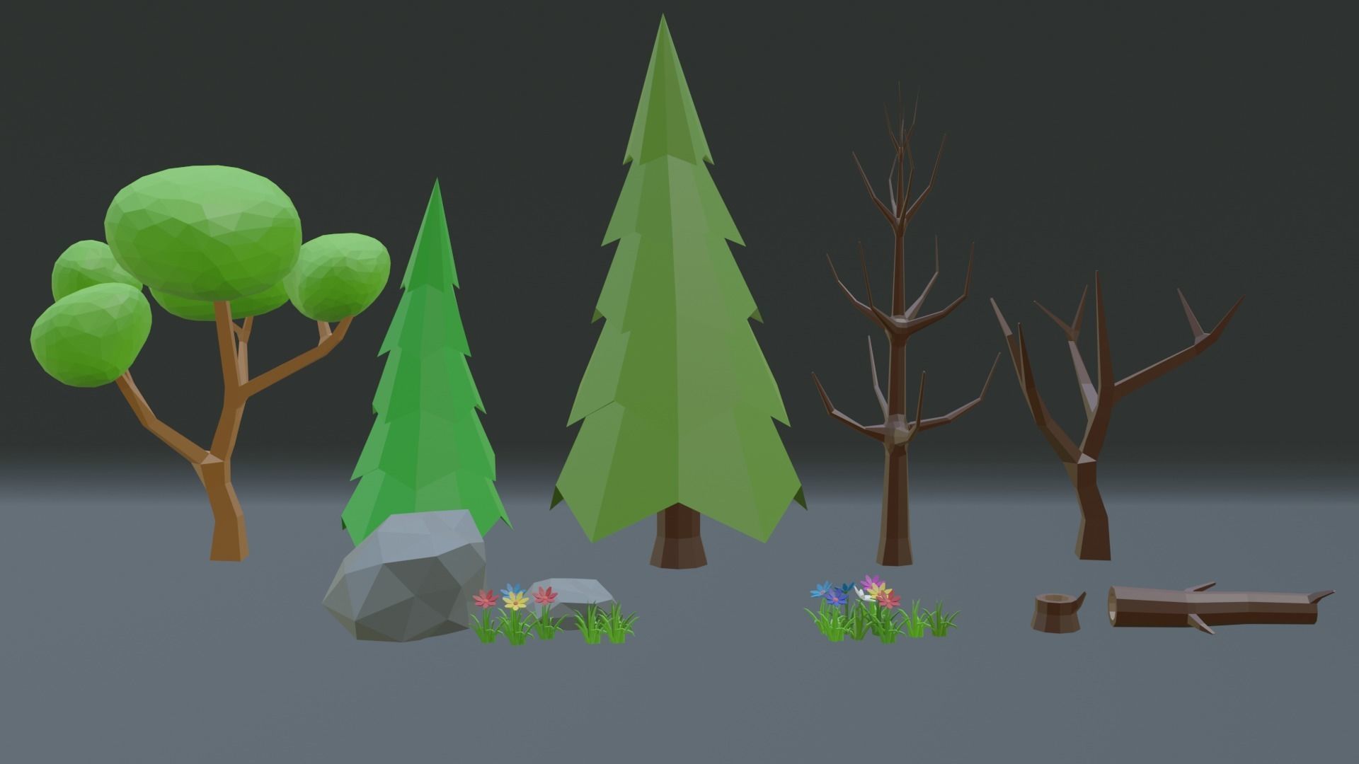 Low Poly Cartoon Trees Grass Plants and Stone Free low-poly 3D model_1