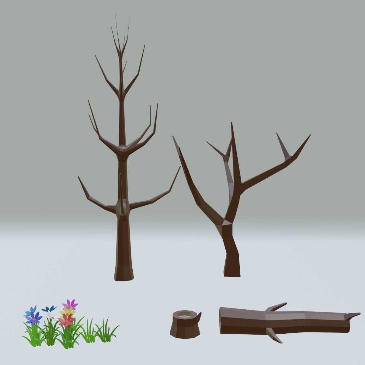 Low Poly Cartoon Trees Grass Plants and Stone Free low-poly 3D model_7