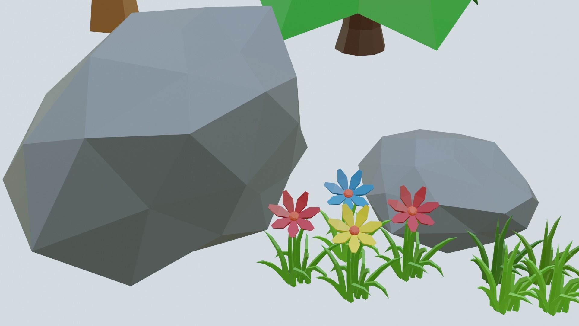 Low Poly Cartoon Trees Grass Plants and Stone Free low-poly 3D model_5