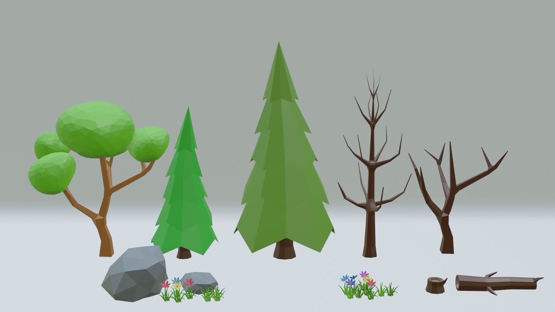 Low Poly Cartoon Trees Grass Plants and Stone Free low-poly 3D model_2