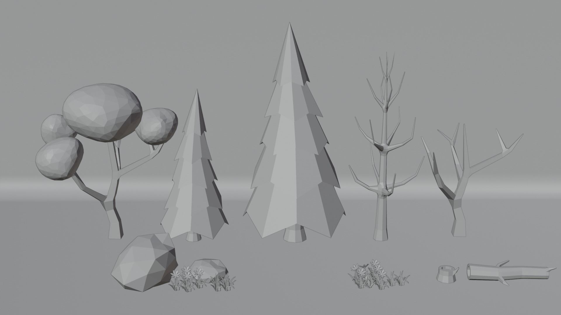 Low Poly Cartoon Trees Grass Plants and Stone Free low-poly 3D model_6