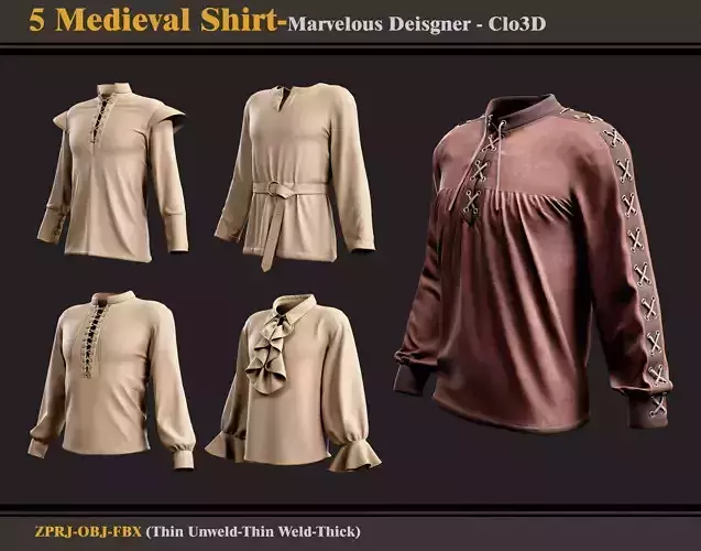 5 Medieval Shirts-Marvelous Designer - Clo3D - FBX - OBJ