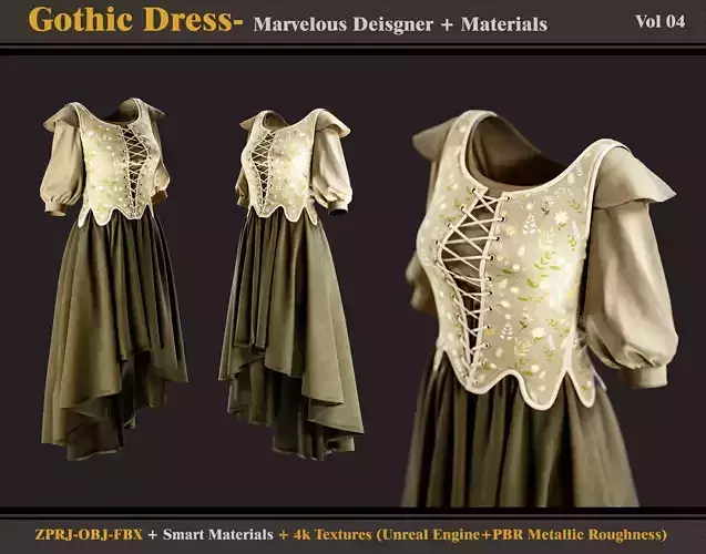 Gothic Dress- Marvelous Designer- Material  - OBJ - FBX 