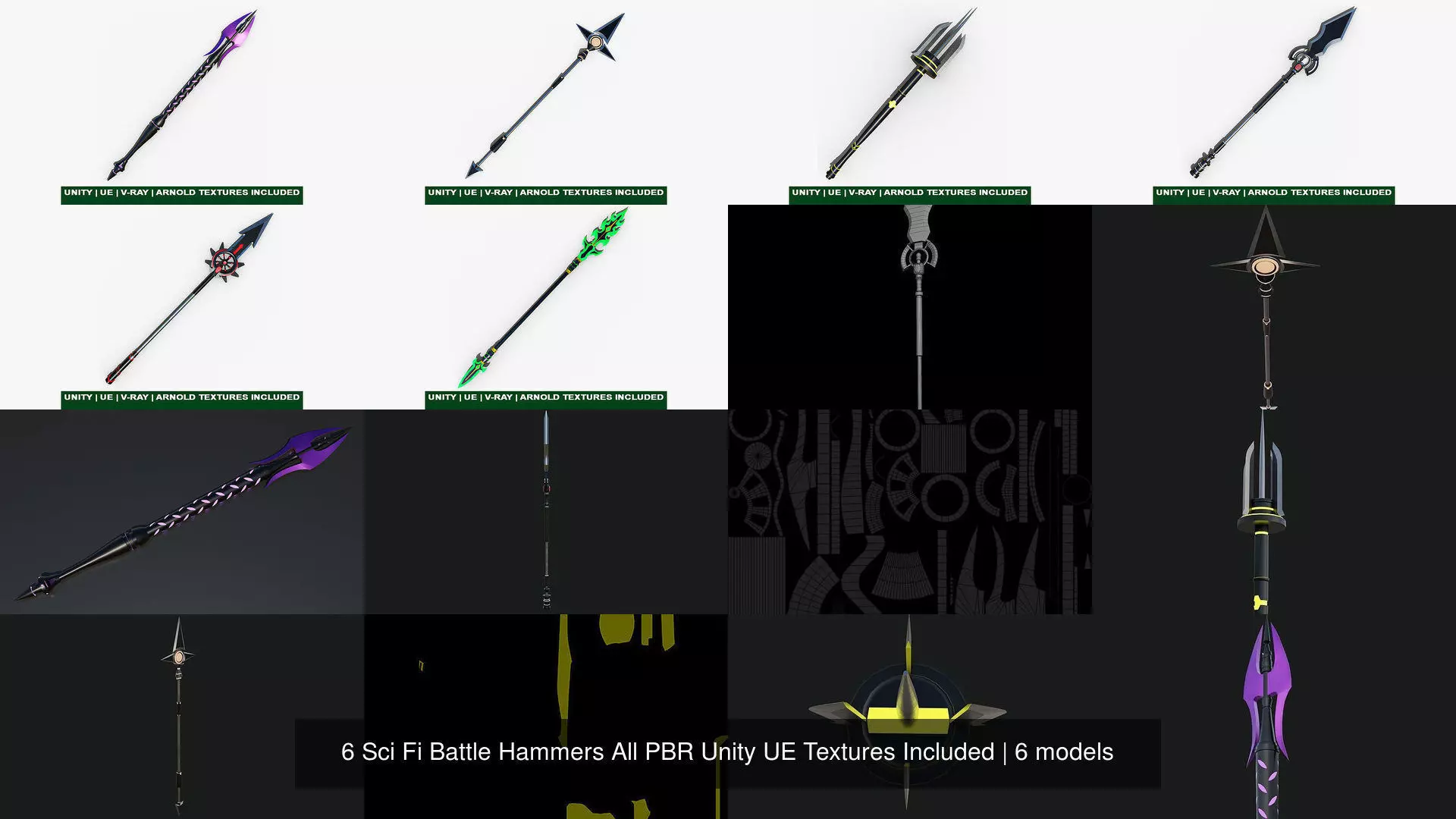 6 Sci Fi Battle Hammers All PBR Unity UE Textures Included 3D Model Collection_1