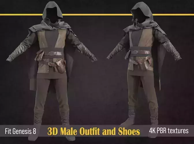 Medieval male outfit character clothing and shoes 3D model